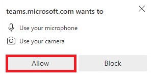 Computer message indicating Microsoft Teams wants to access the device's mic and camera.